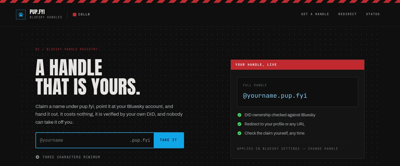 The Pup.fyi handle claim page